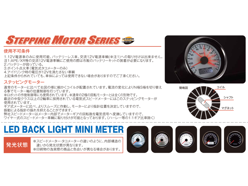 機械式<br/>LEDバックライトミニミニスピードメーター(ステッピン)